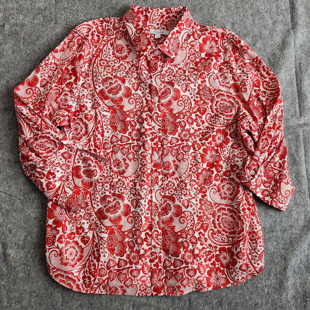Chico's Paisley Button Front Top Shirt Women's 16 Red Flip Cuff Career Office